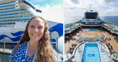 split image of a cruise ship and a girl taking a selfie